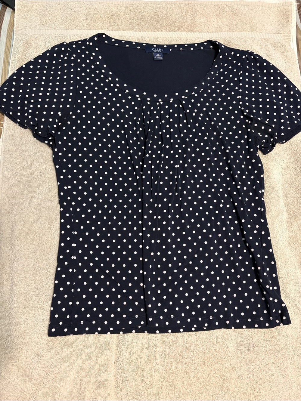 Chaps Navy and White Polka Dot Short Sleeve Scoop Neck Top